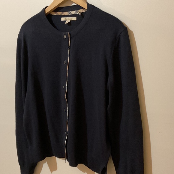 Preppy Barbour women’s classic navy cardigan sweater with tartan trim - Picture 2 of 7